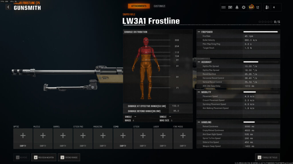 The LW3A1 Frostline sniper rifle in Black Ops 6 with a list of statistics.
