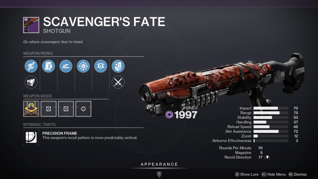 The Scavenger's Fate shotgun in Destiny 2 with perks and stats on display.