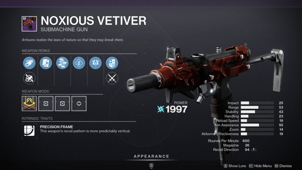 The Noxious Vetiver SMG in Destiny 2 with perks and stats.