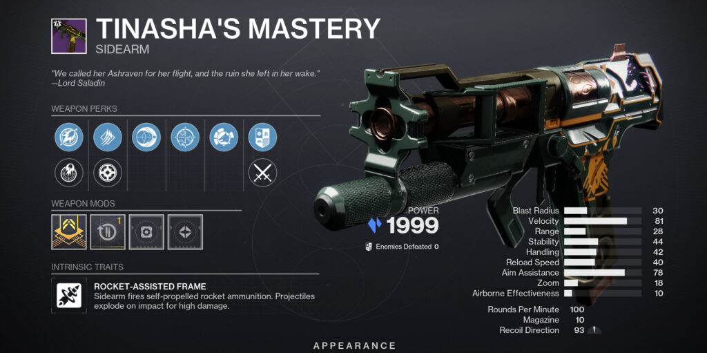 Tinasha's Mastery, a sidearm from Destiny 2, with perks and stats.