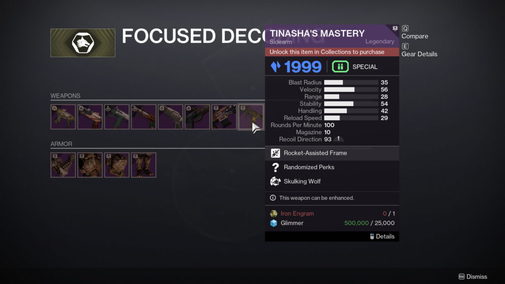 The Iron Banner focus screen with Tinasha's Memory selected.