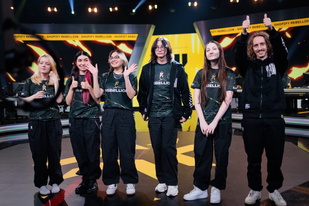 Shopify Rebellion pose onstage at the 2024 VALORANT Game Changers Championship Knockouts stage in Berlin, Germany on November 13, 2024. 