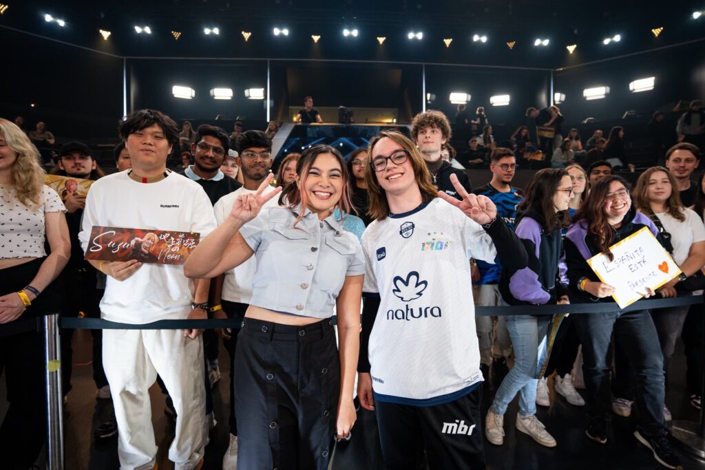 Esports caster Mikafabs (L) interviews srN of MIBR GC onstage at the 2024 VALORANT Game Changers Championship Knockouts stage in Berlin, Germany on November 14, 2024.