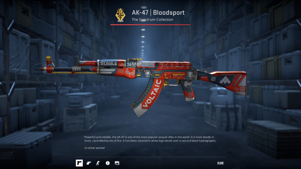 CS2: AK-47 Bloodsport, a red and white assault rifle.