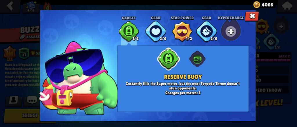 The image is a screenshot from the game Brawl Stars. It shows a build for the character Buzz: the set of Star Power, Gadgets, and Gears in use.