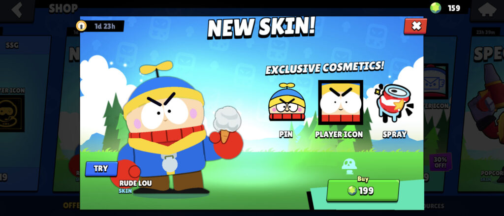 The screenshot shows the Brawl Stars shop with the offer of the Rude Lou skin, based on the South Park character Eric Cartman