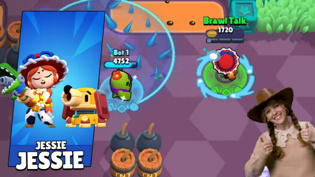 The image is a screenshot from the Brawl Stars Toy Story trailer: It features a new skin, Jessie Jessie