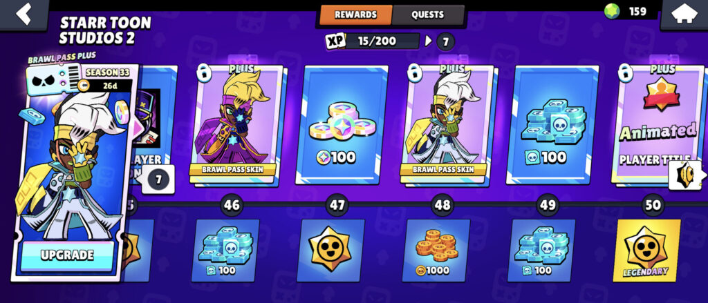 The image shows tiers of Brawl Pass Season 33 — with the skins Fuchsia and Titanium Maisie in Brawl Stars new season
