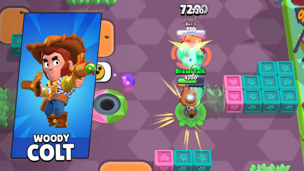 The image is a screenshot from the Brawl Stars Toy Story trailer: It features a new skin, Woody Colt