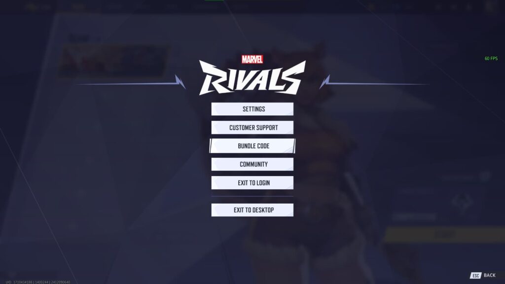 The settings of Marvel Rivals with the Bundle Code option to redeem a code.