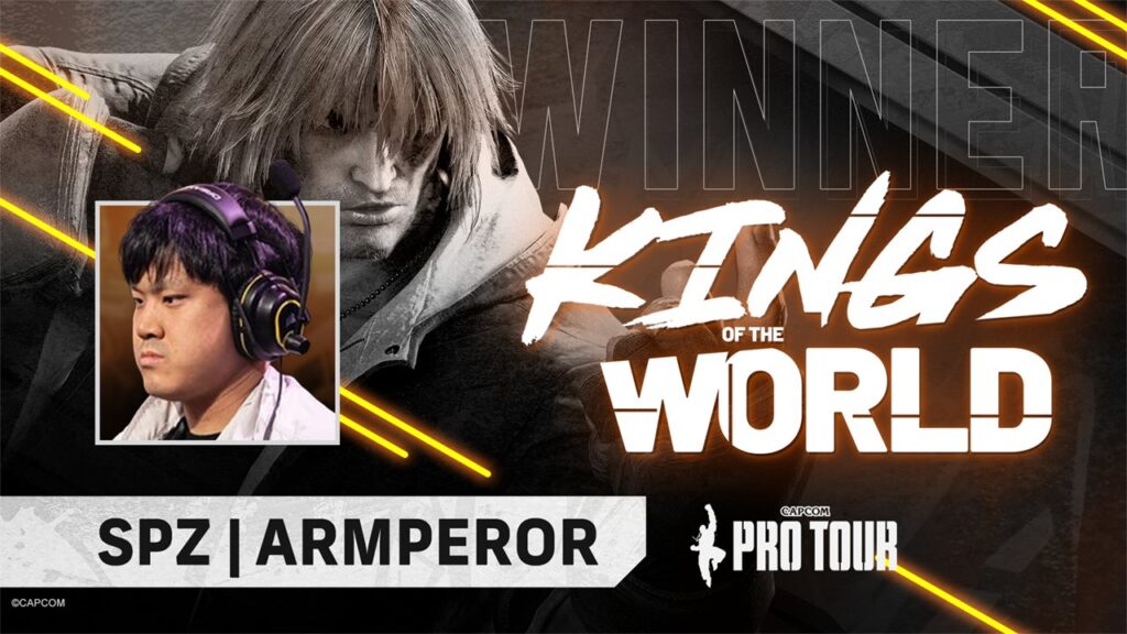 The image features the photo of the Street Fighter 6 esports player Armperor and his character Ken. It's a victory poster for the Capcom Cup 11 qualifier Kings of the World