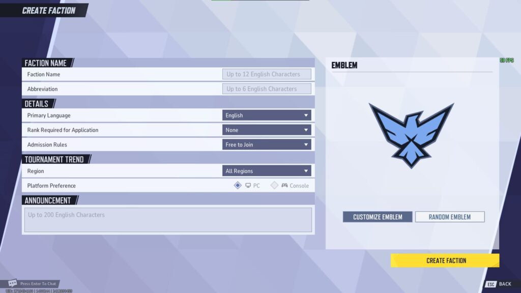 The page to create a new Faction in Marvel Rivals.