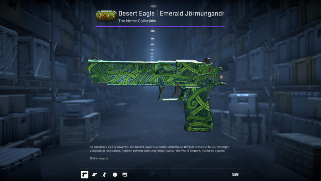 CS2: Desert Eagle Emerald Jörmungandr, a green pistol.