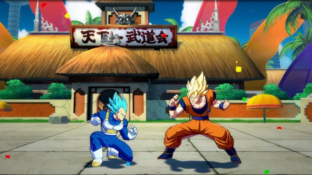 The screenshot from the fighting game Dragon Ball FighterZ shows two characters: Blue Vegeta vs Super Saiyan Goku