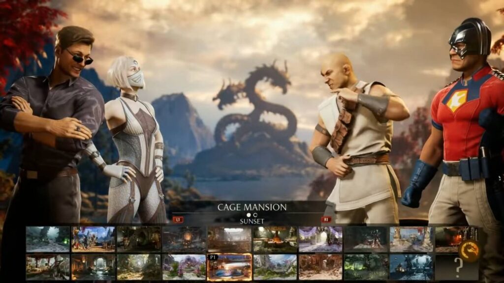 The screenshot from a competitive Mortal Kombat 1 match: Johnny Cage/Khameleon and Peacemaker/Kano