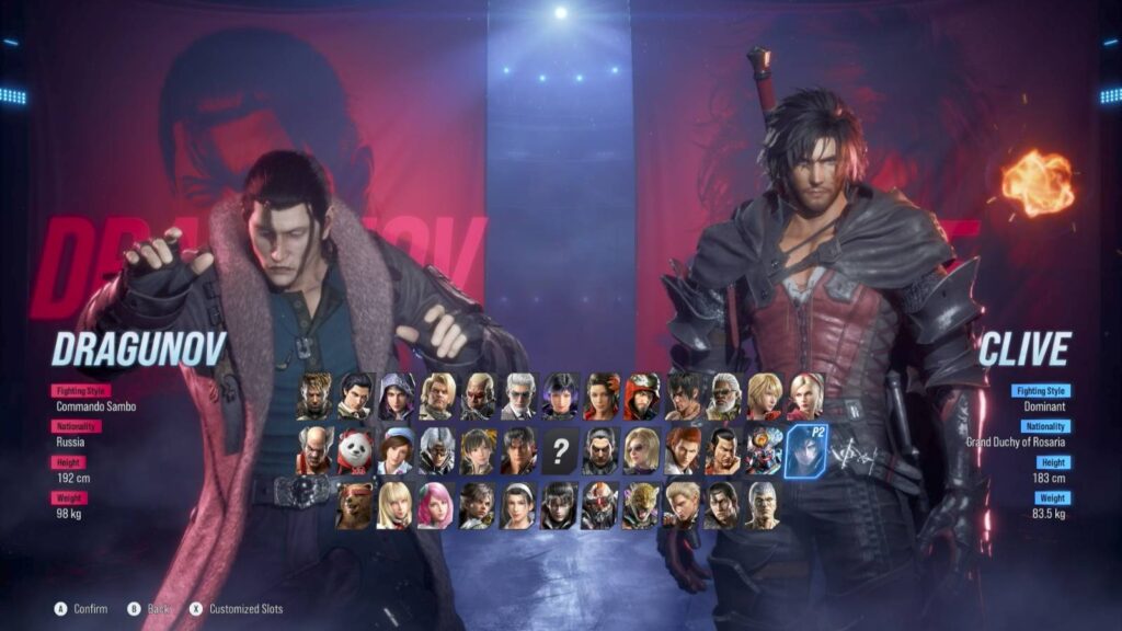 It's a screenshot of a match start in TEKKEN 8: a character selection screen with Dragunov and Clive