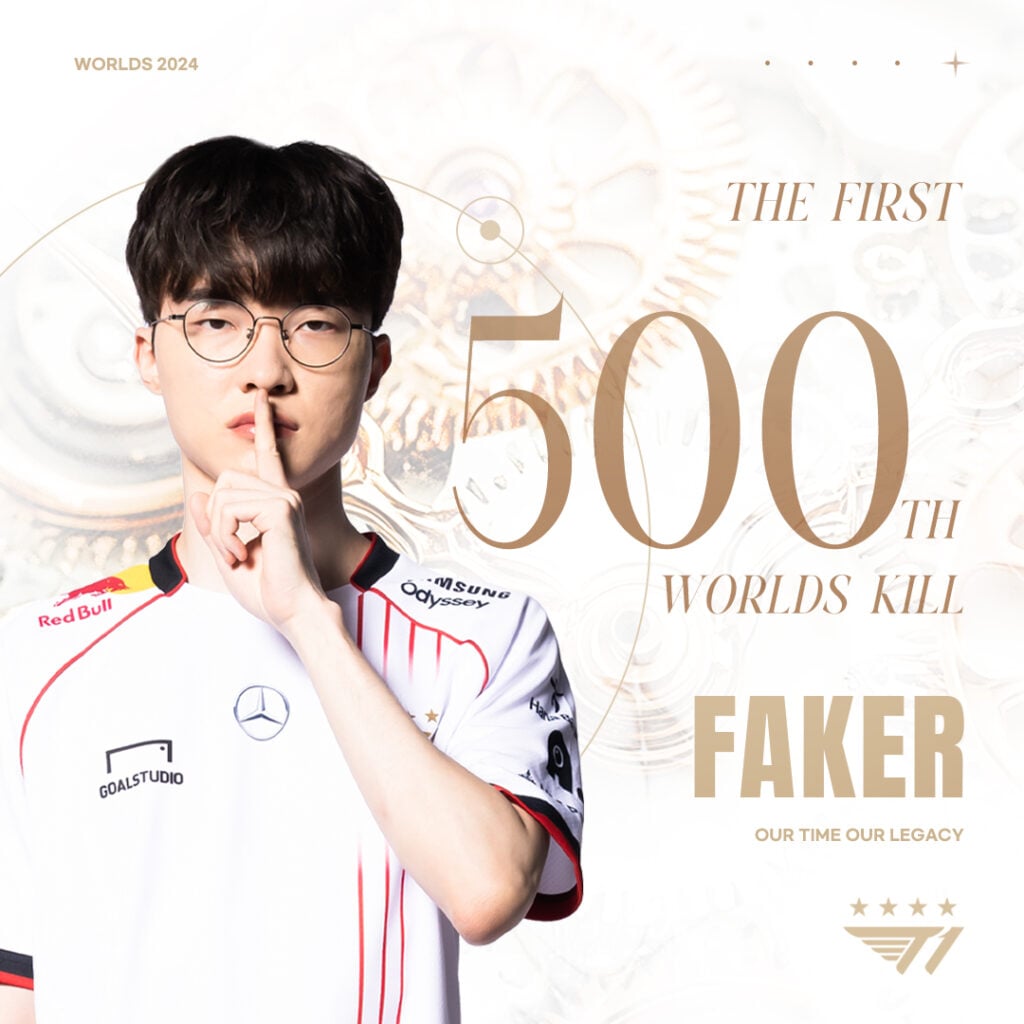 Faker achieved his 500th Worlds kill on November 13, 2024.