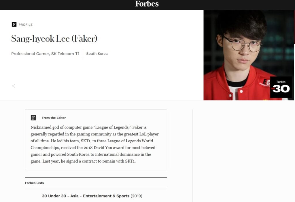 Sang-hyeok Lee (Faker) in the Forbes 30 Under 30 list, 2019.