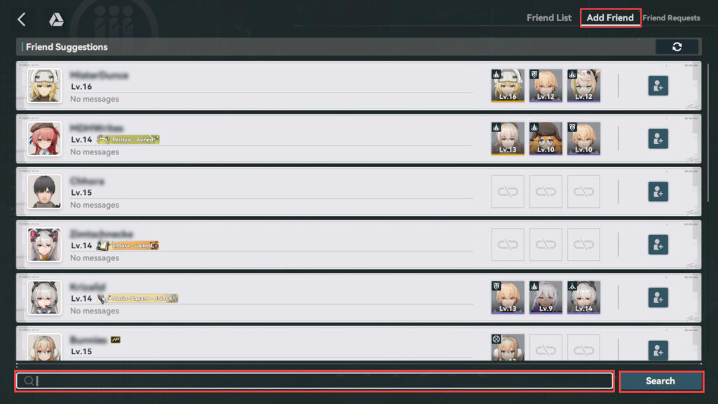 Friends menu in GFL2 (Screenshot via esports.gg)