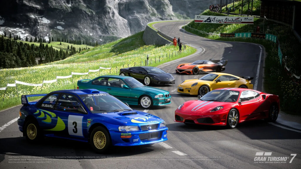 Various cars in a racing track in Gran Turismo 7.