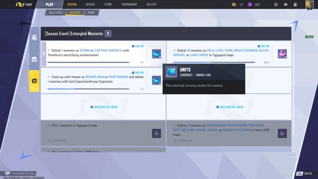 Seasonal Missions in Marvel Rivals with Units as the reward.