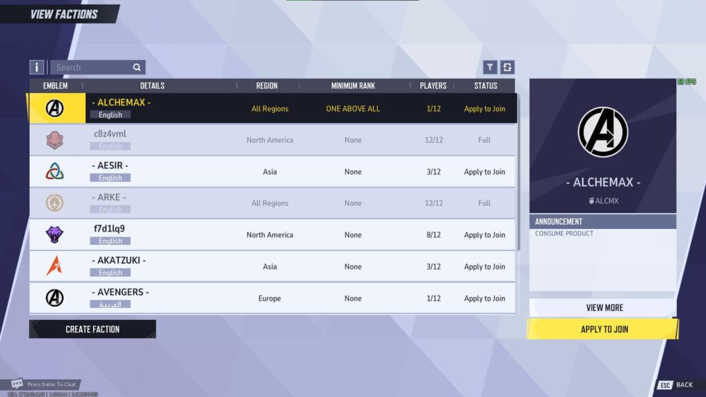 The Faction list in Marvel Rivals.