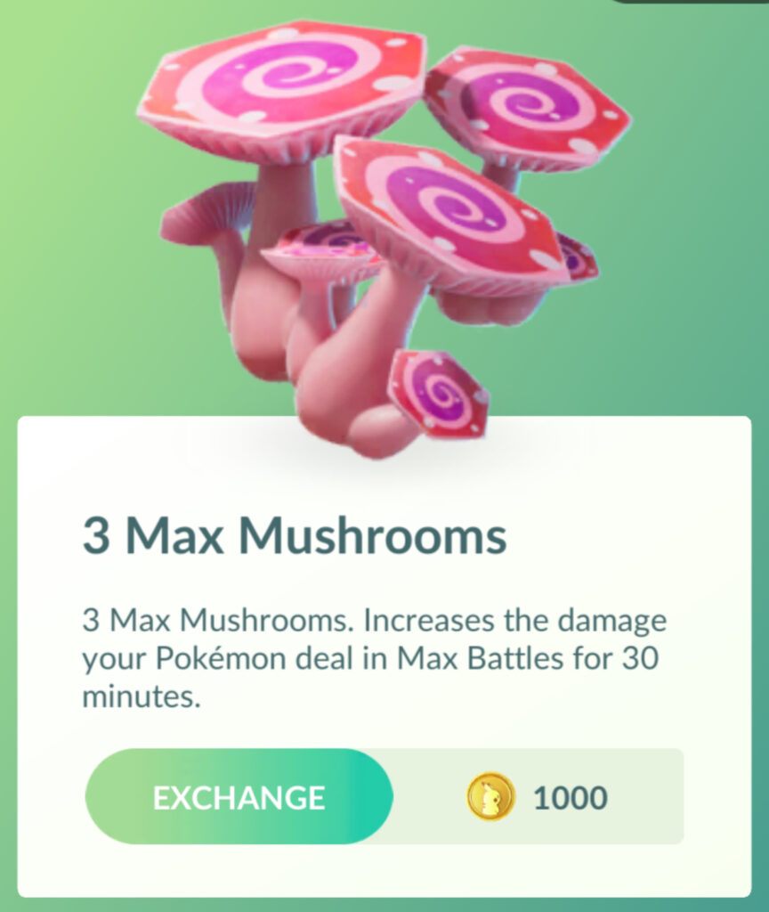 Pokémon GO Max Mushroom In Game Store Page