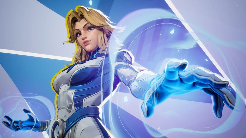 Invisible Woman with her blue and white suit in Marvel Rivals