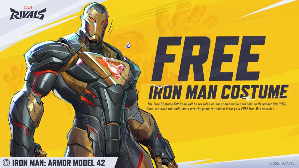 The announcement of your free Iron Man Model 42 costume in Marvel Rivals.