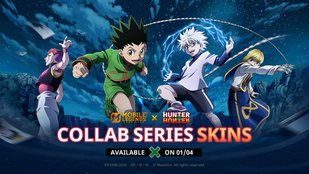 The official announcement poster of the MLBB and Hunter x Hunter collaboration. It features four anime characters: Gon, Killua, Kurapika, and Hisoka