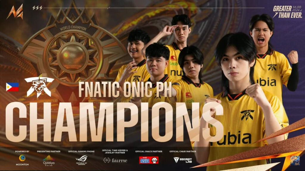 It's a victory for the Mobile Legends team Fnatic ONIC PH - they won the MLBB M6 World CHampionship. The image features photos of the players