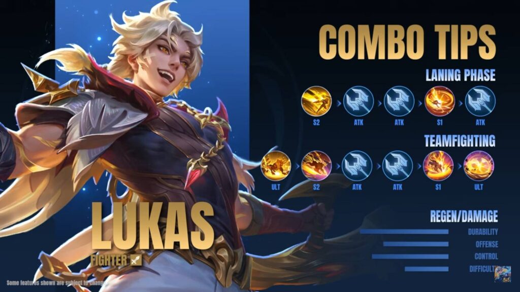 The image shows combos for Lukas, a new Hero in the game Mobile Legends: Bang Bang