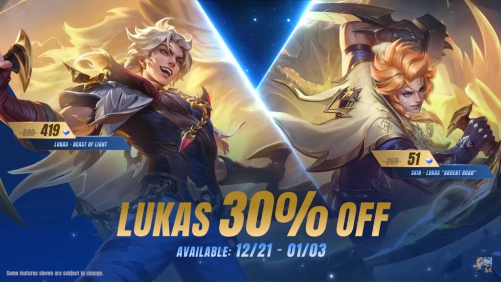 Lukas, a new Hero in Mobile Legends: Bang Bang — a poster for the character release, with his image, price, and a skin