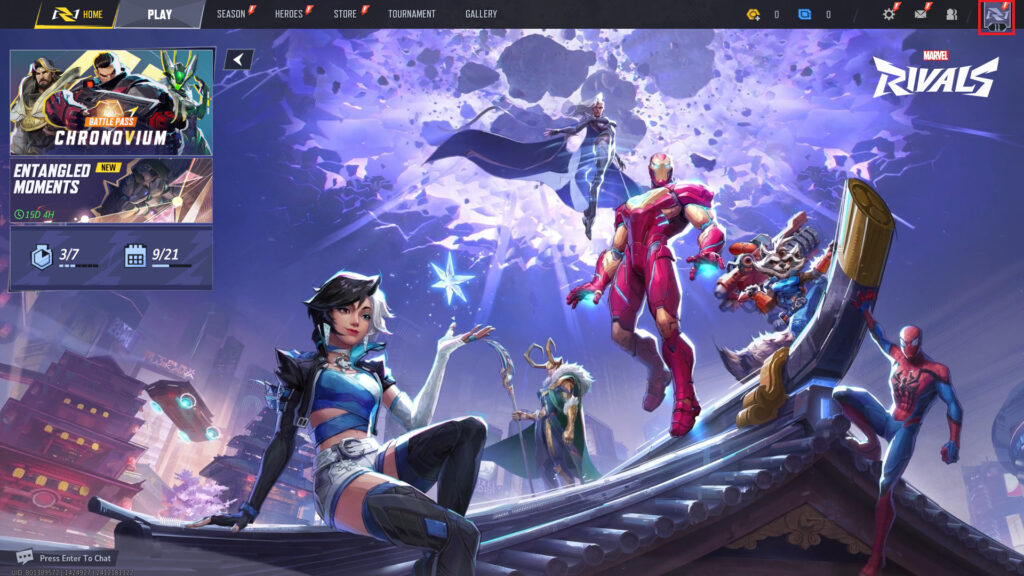 Screenshot of Marvel Rivals main menu, featuring a bunch of Marvel characters.