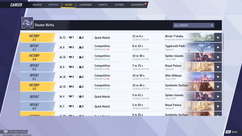 Match list from Marvel Rivals replays.