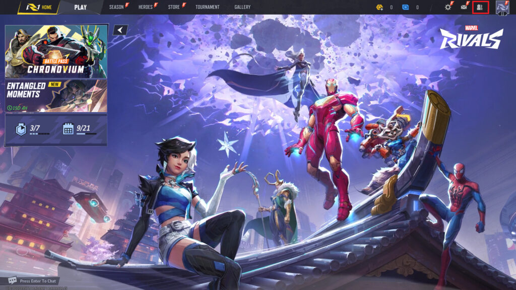 Screenshot taken of Marvel Rivals main menu, featuring a bunch of Marvel characters.