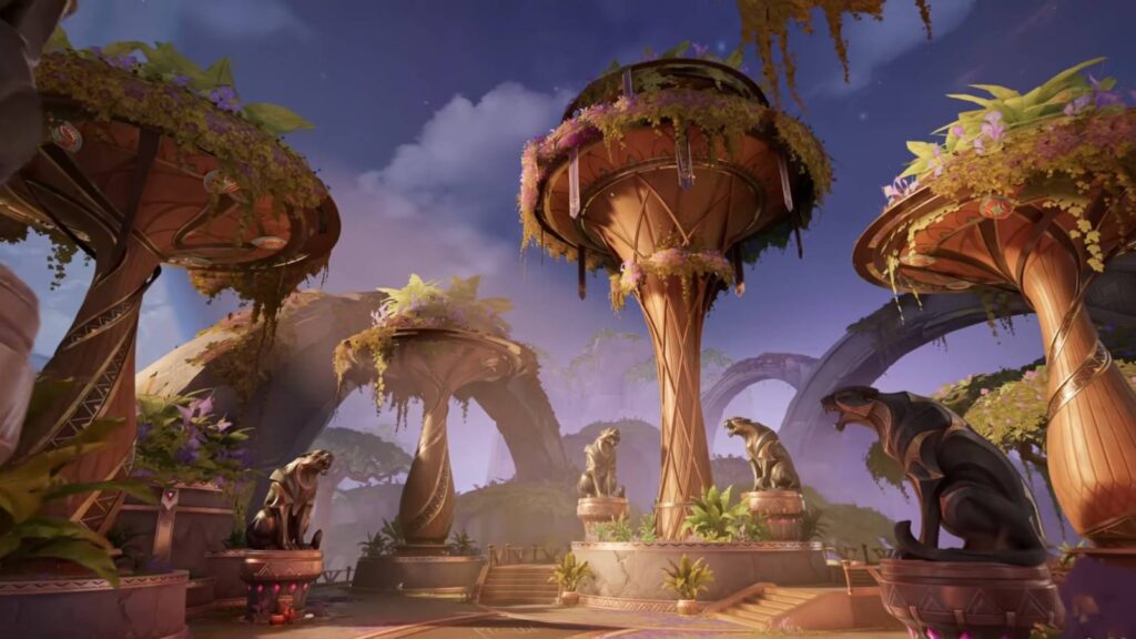 The image shows the streets in the city of the Marvel Rivals map Intergalactic Empire of Wakanda: statues of Panthers and mushroom-like structures covered with flowers