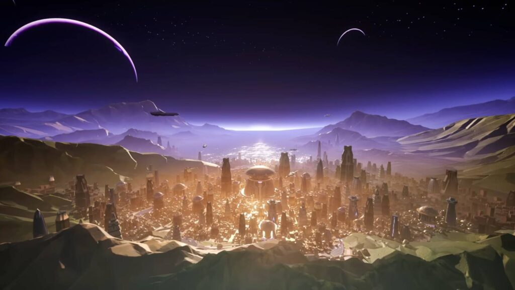 It’s a view from a distance at the in-game location Intergalactic Empire of Wakanda: one of the Marvel Rivals maps. The image features a dark sky with stars and big planets. The city under the sky has lots of tall futuristic buildings and a huge structure in the center