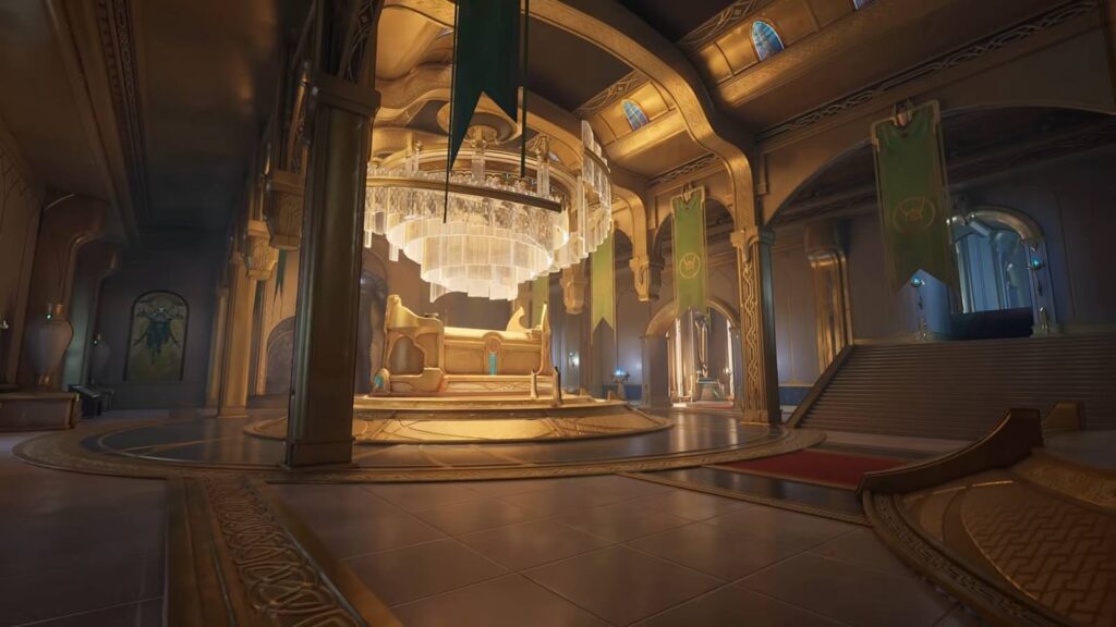 The screenshot from the trailer for the Yggsgard location in the shooting game Marvel Rivals. It features the internal space of the Royal Palace: a big room with fancy interior