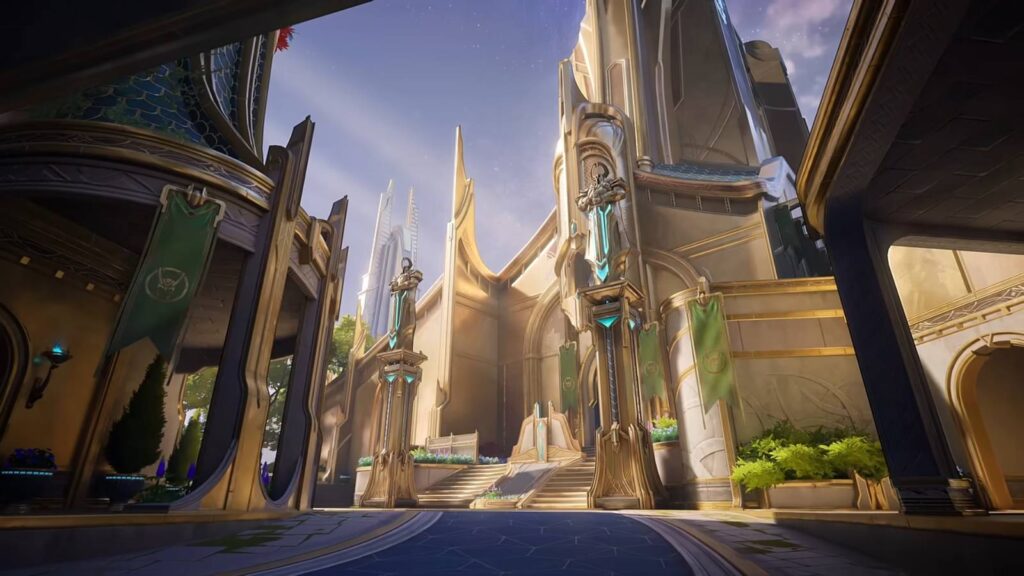 The image shows the external space of the game map Yggsgard in Marvel Rivals. It’s a narrow street, two statues, and an entrance to a palace