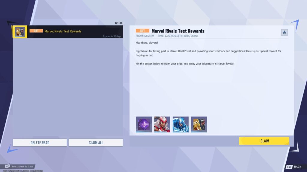 The Marvel Rivals Beta Test rewards mail.