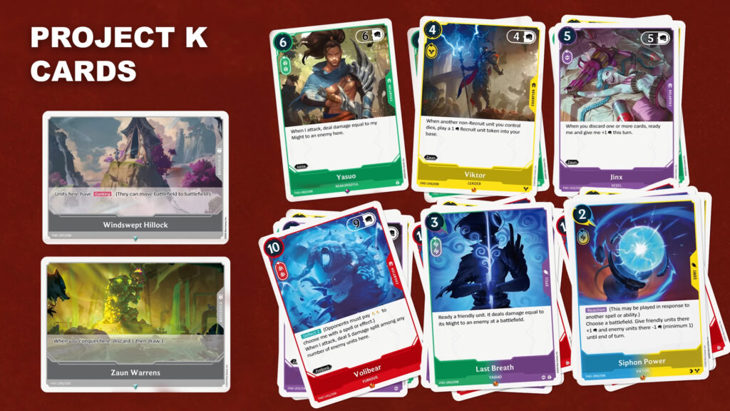 Some of the cards for Project K, shown on the announcement trailer. Most of them are Champions, but two are for "battlefield" effects