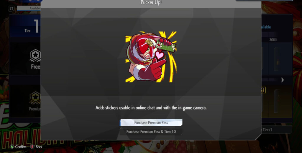 The Street Fighter 6 screenshot shows the sticker Pucker Up!: it’s a reward in the SF6 Christmas 2024 Fighting Pass