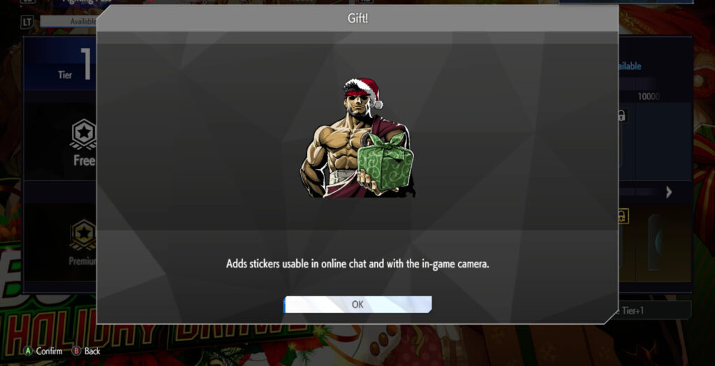 The Street Fighter 6 screenshot shows the sticker Gift!: it’s a reward in the SF6 Christmas 2024 Fighting Pass