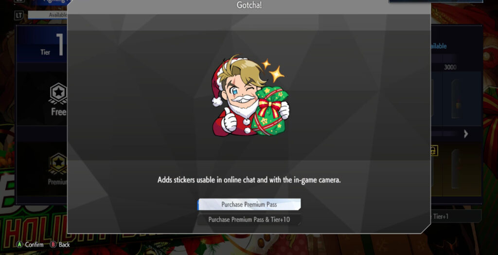 The Street Fighter 6 screenshot shows the sticker Gotcha!: it’s a reward in the SF6 Christmas 2024 Fighting Pass