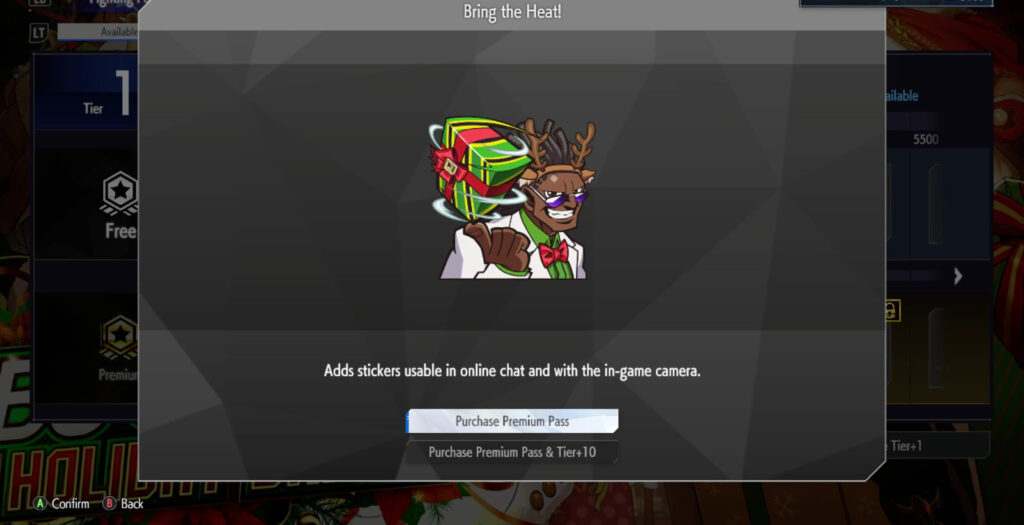 The Street Fighter 6 screenshot shows the sticker Bring the Heat!: it’s a reward in the SF6 Christmas 2024 Fighting Pass