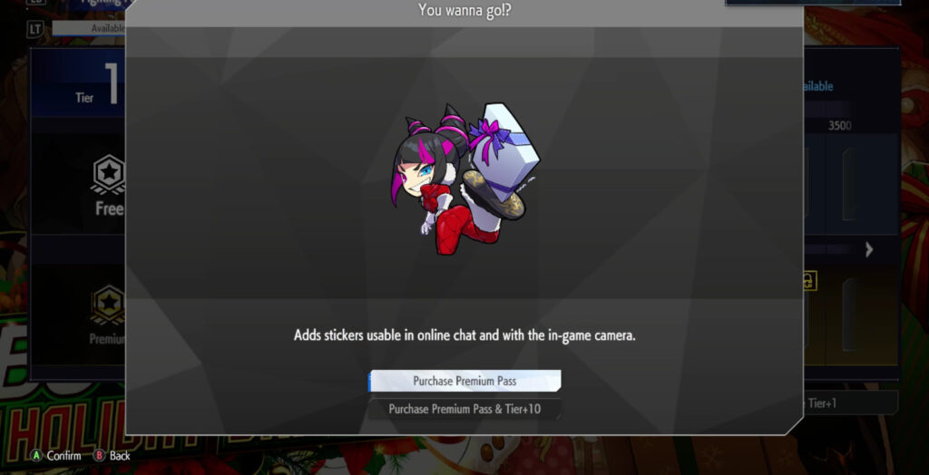 The Street Fighter 6 screenshot shows the sticker You wanna go!?: it’s a reward in the SF6 Christmas 2024 Fighting Pass