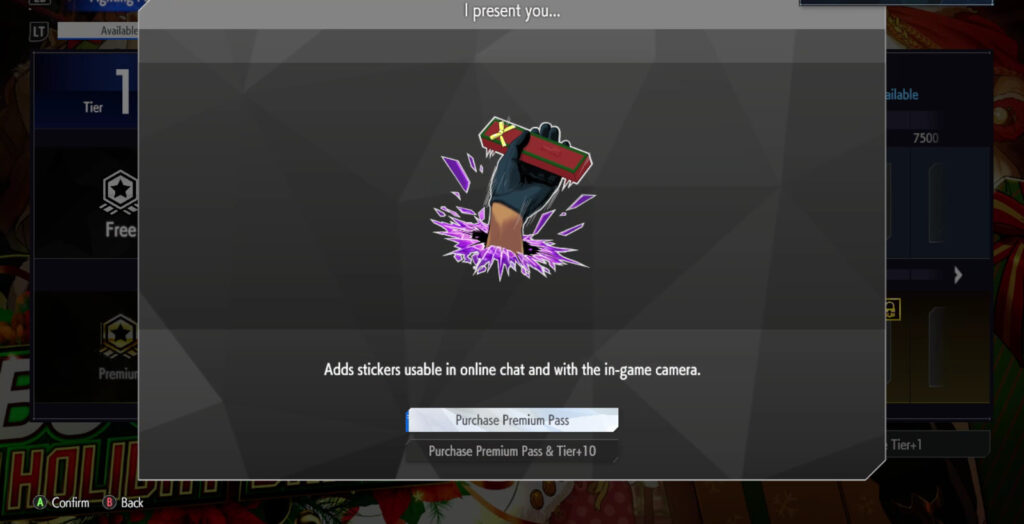 The Street Fighter 6 screenshot shows the sticker I Present You…: it’s a reward in the SF6 Christmas 2024 Fighting Pass