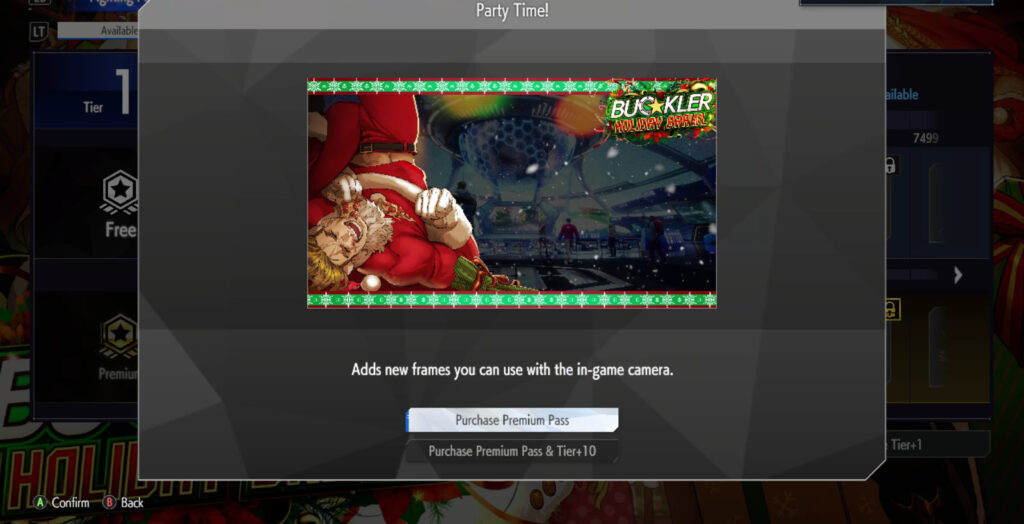 The Street Fighter 6 screenshot shows the frame Party Time!: it’s a reward in the SF6 Christmas 2024 Fighting Pass