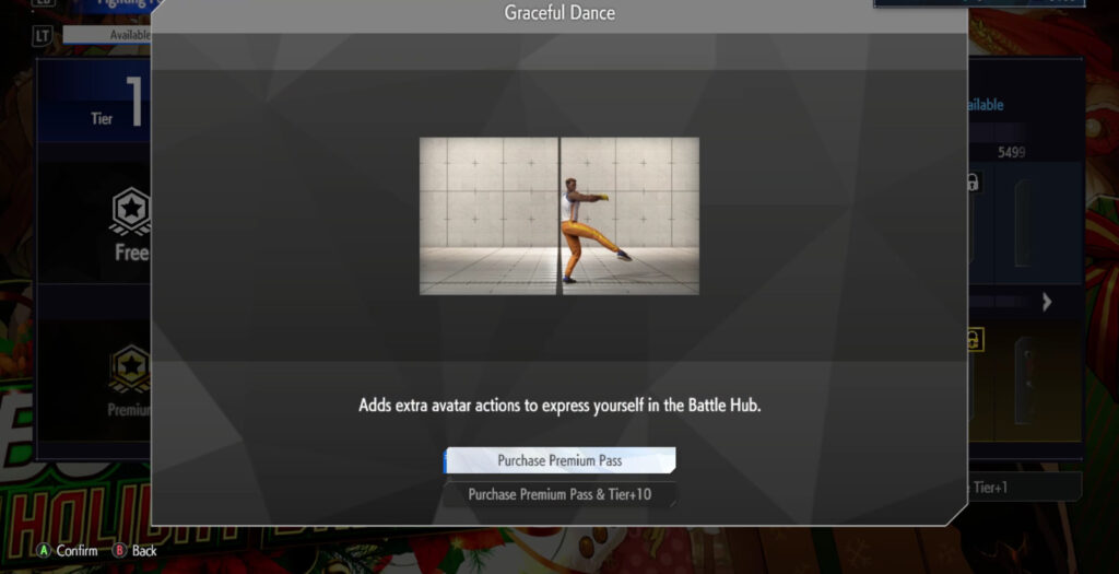 The Street Fighter 6 screenshot shows the avatar action Graceful Dance: it’s a reward in the SF6 Christmas 2024 Fighting Pass